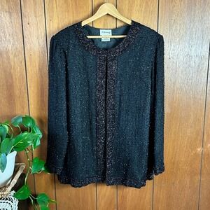 Vintage Stenay Beaded Silk Jacket Cardigan Women's XL Black Evening Formal